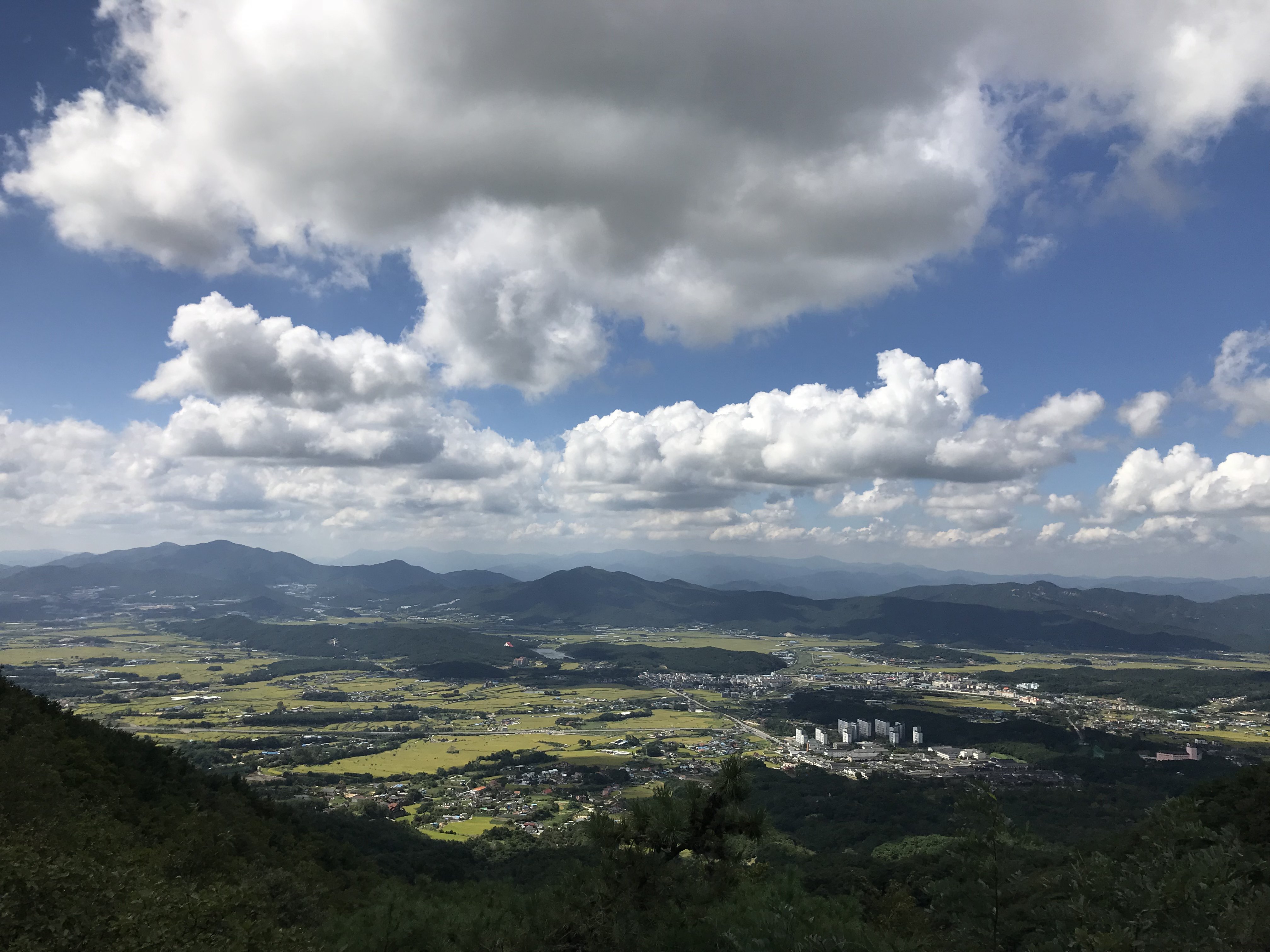 Panoramic valley view across distant mountains, southern Korea